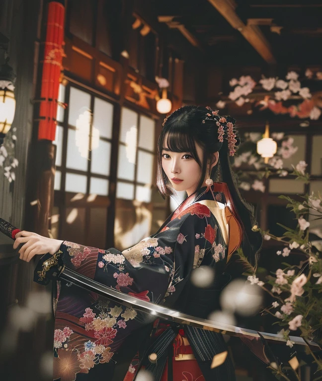 arafed woman in a kimono dress holding a sword in a room, palace , a girl in Hanfu, A mix of anime style and Fujifilm, Hanfu, Traditional beauty, in kimono, japanese kimono, Japanese Goddess, Japanese style, in a kimono, Chinese style, wearing kimono, kimono, Traditional Japanese, Inspired by Kyoto, Very beautiful cyberpunk samurai, Japanese Fantasy