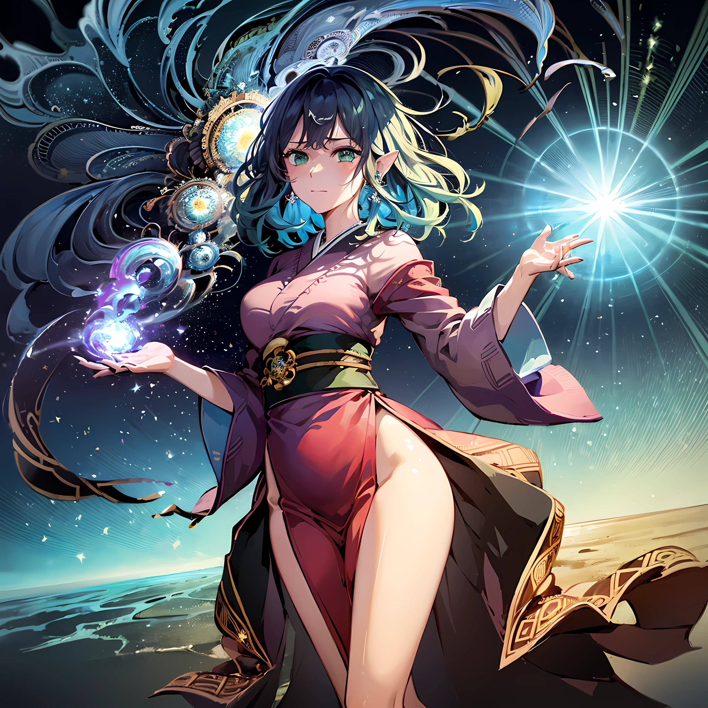 tall body, tall, long legs, mature woman, mature, adult, , eft_oshi_akane, alone, 1 girl, blue hair, looking at viewer, medium hair, bangs, closed mouth, green eyes, multi-colored hair, short hair, hand up, sweat, discolored hair, blue eyes, more details XL, (Masterpiece, Top quality, best quality, Official art, beautiful and aesthetic:1.2), (1 girl:1.3), extremely detailed, (fractal art:1.1), (colorful:1.1), more detailed, (zentangle:1.2 ), (dynamic pose), (abstract background:1.5), (Japanese dress:1.2), (shiny skin), (many colors:1.4), (earrings:1.4),