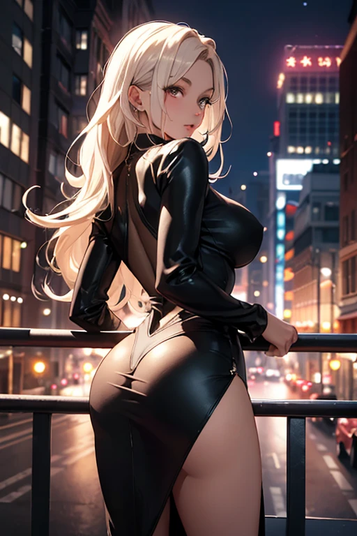 masterpiece, best quality, shadows, perfect hands, perfect legs, perfect anatomy, pretty face, mature features, 1 girl, 21 years old, mature woman, sexy black dress, city night background, white long hair, thighs, ass, breast, seductive, spicy, posing, cinematography lights,