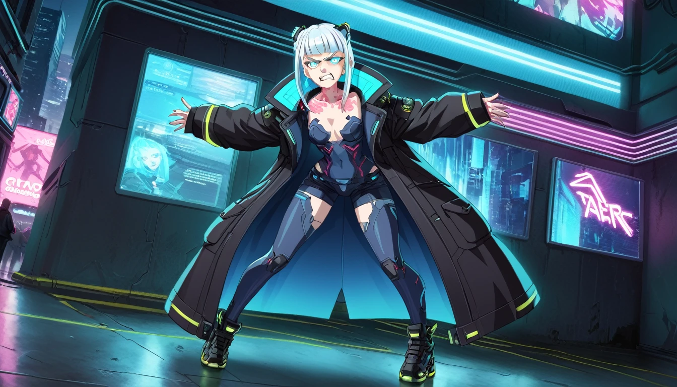 Angry girl 1 person, full body, cyberpunk, blue eyes, glowing eyes, black coat, open coat, neon, teen