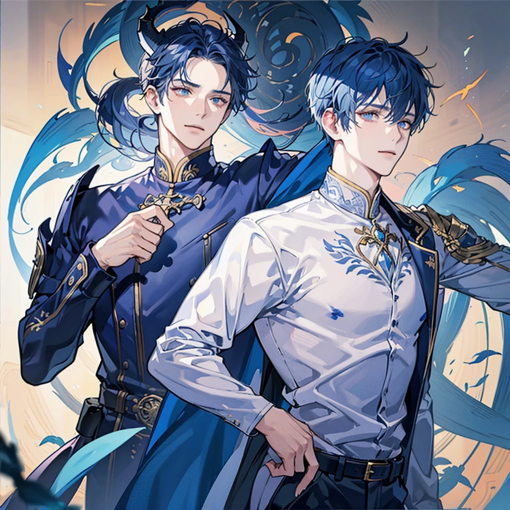 Young man, 1man, short deep blue hair, draconic blue water scales on skin, pale skin, golden hunter eyes, navy blue horns curved backwards, serene expression, traditional clothes