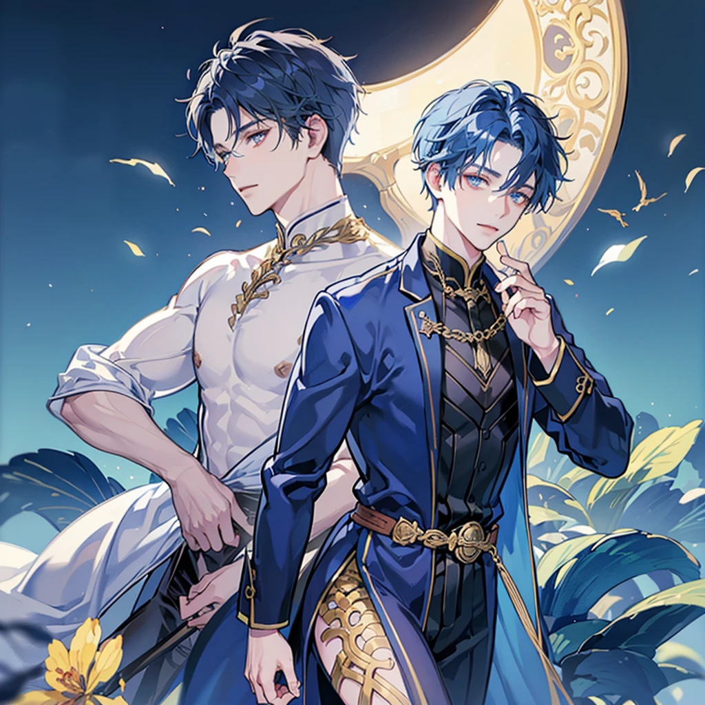 Masculine man, 1man, deep blue hair, draconic blue water scales on skin, pale skin, golden hunter eyes, navy blue horns curved backwards, serene expression, traditional clothes