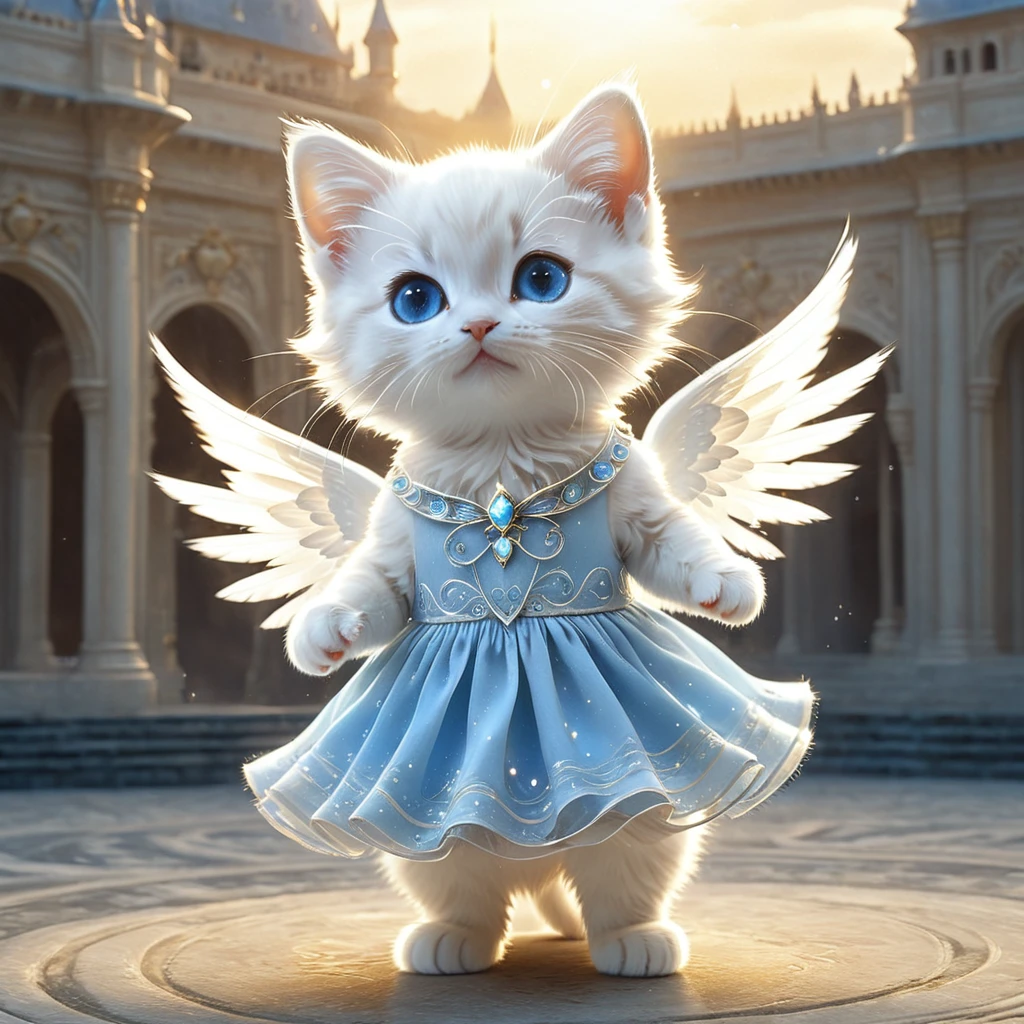 C4tt4stic, Anthropomorphic cute animal character, dressed and bipedal, with human-like posture. The cute animal has human-like limbs and a three-headed body. The cute animal is a white furry kitten with blue eyes, wearing a beautiful pure white dress, there are countless light particles around, each particle shines brightly and intensely. The cute animal has the form of an angel and spreads its wings, the background is an image of a palace in the sky with warm sunlight, mysterious space, fantasy art, exquisite details, Jean-Baptiste Monge style, Alan Lee style, anthropomorphic blue-eyed white furry kitten, movie scene, dramatic shot angle, atmospheric particles, real, raw movie photorealism, action portrait, 8k, detailed, full frame