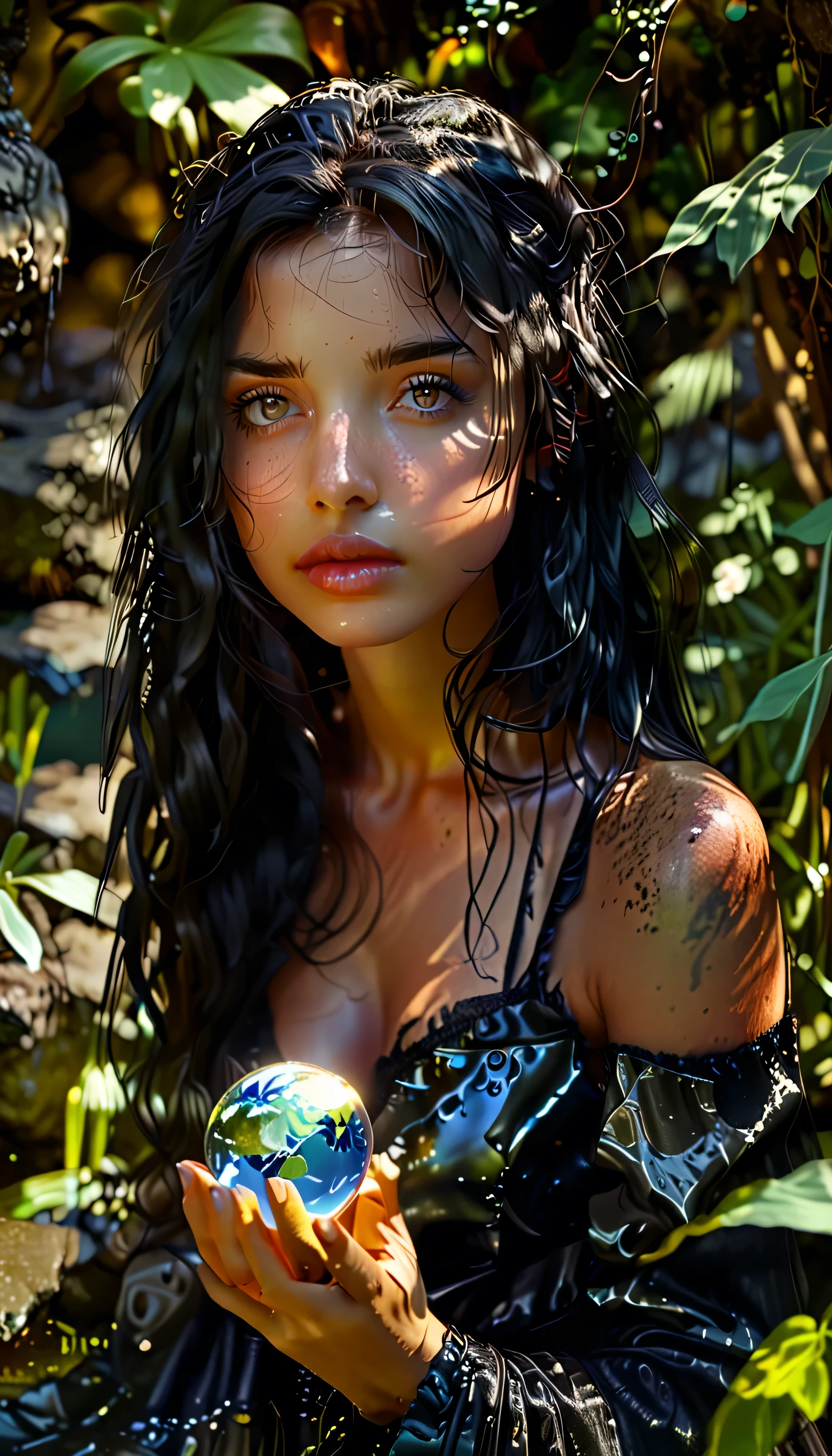 A stunning woman with wavy black hair meditating in a serene natural setting, surrounded by a lush waterfall and greenery, (1girl, girl in a garden, beautiful detailed eyes, beautiful detailed lips, extremely detailed eyes and face, long eyelashes, goth, black goth top, dark goth skirt, serene, tranquil, meditation, lotus position), a contaminated cenote with the same woman in a glowing, ethereal and distressed form, wearing shimmering metallic goth armor and holding a glowing orb with the earth inside, representing transformation and duality, (goth, glowing, ethereal, cosmic aura, shimmering metallic goth armor, glowing orb with earth, transformation, duality), (best quality, 4k, 8k, highres, masterpiece:1.2), ultra-detailed, (realistic, photorealistic, photo-realistic:1.37), HDR, UHD, studio lighting, ultra-fine painting, sharp focus, physically-based rendering, extreme detail description, professional, vivid colors, bokeh, photography, concept art