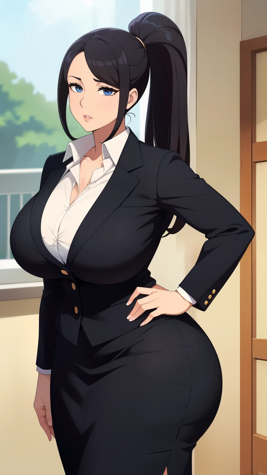 Highest quality, Mature Woman, Huge breasts, Huge Ass, Very curvaceous, High Ponytail, Iris, Fuller lips, Fascinating, Principal uniform, Black Blazer, White button up, Pencil Skirt, Exposed cleavage