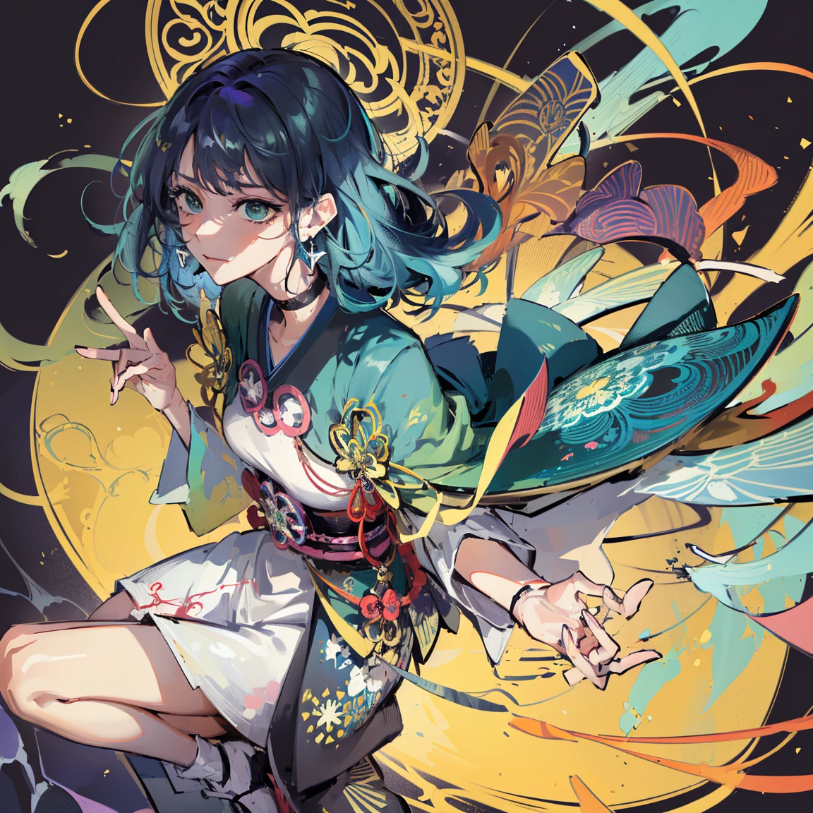 tall body, tall, long legs, mature woman, mature, adult, , eft_oshi_akane, alone, 1 girl, blue hair, looking at viewer, medium hair, bangs, closed mouth, green eyes, multi-colored hair, short hair, hand up, sweat, discolored hair, blue eyes, more details XL, (Masterpiece, Top quality, best quality, Official art, beautiful and aesthetic:1.2), (1 girl:1.3), extremely detailed, (fractal art:1.1), (colorful:1.1), more detailed, (zentangle:1.2 ), (dynamic pose), (abstract background:1.5), (Japanese dress:1.2), (shiny skin), (many colors:1.4), (earrings:1.4),