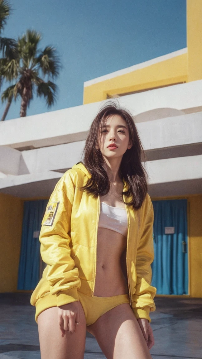 Best Quality, Masterpiece,Ultra High Resolution, (Realisticity:1.4),Original Photo, 1 Girl, light leak,dark intens shadow,wear (yellow bomber hoodie),black long hairstyles background (80's mondrian architecture colourful motel),palm trees, sunny,summer, los Angles vibes,(from below:1.2), (realistic:1.1), (surreal:1.2), (very detailed:1.1)