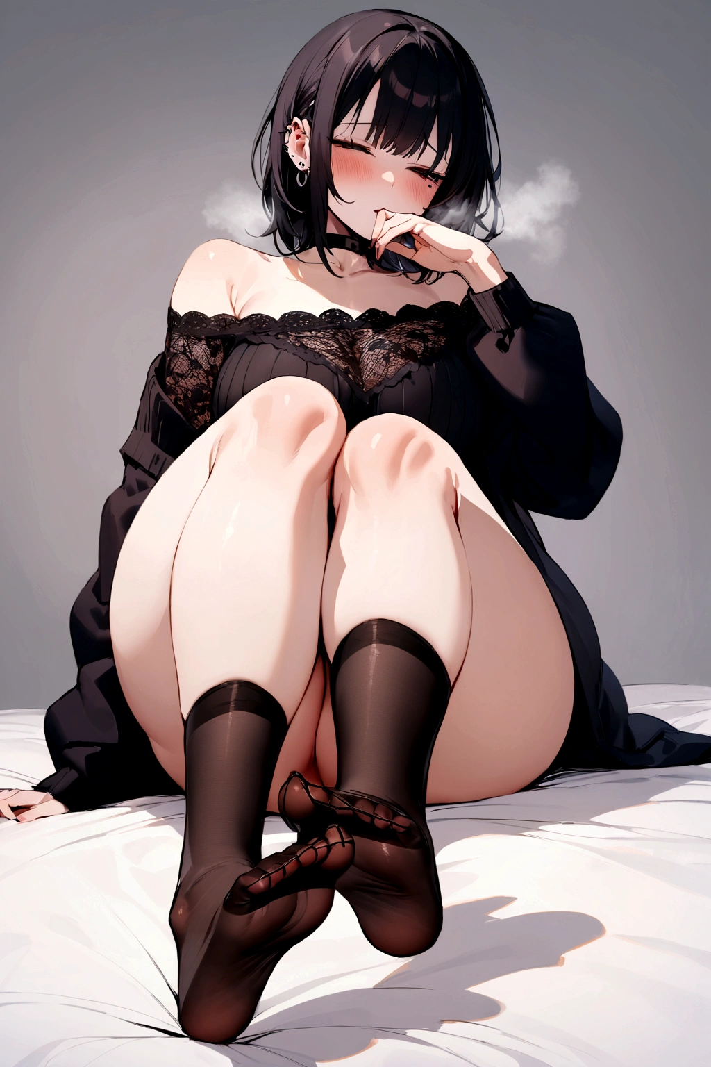 ((Best Quality)), ((Masterpiece)), (detailed), 1 miss , off shoulder sweater, showing feet,with modern gothic style clothing , with a very very red face , and with great shame ,with accessories,and with piercings ,showing your feet ,bottomless ,and with an image perspective seen from below,let the full body be seen ,sitting on a bed ,with the reddest face ,very sleepy ,lying down ,with a simpler style and lace clothing ,big thighs,,no extra fingers ,and that both feet are seen correctly and without malformations ,black tights,with a very peaceful and tender look,breathing out through the mouth ,very very sexy pose