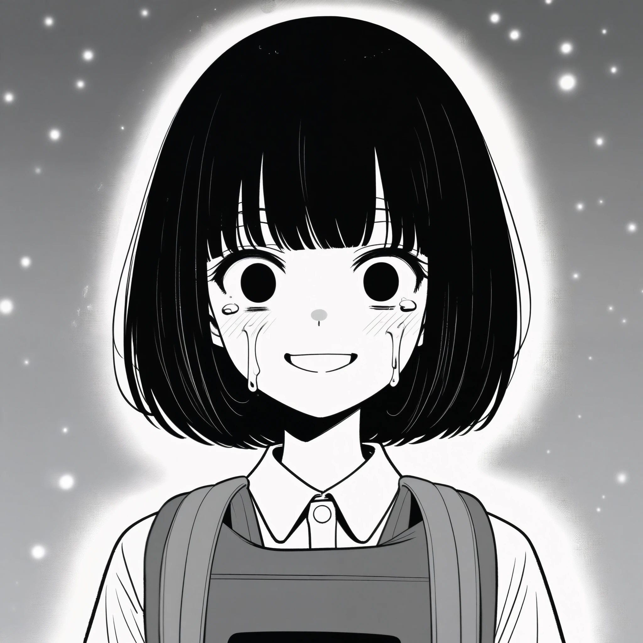 masterpiece, best quality, 1girl, mamerakkkkko, grayscale, manga style, japanese, chi no wadachi, black eyes, street, iced, black hair, schoolbag, smile, lineart, white background, white shirt, grey shorts, centered, 18 years old, tall, fair skinned, bokeh background, crying, tears, straight-on, tears streaming, bob cut, light particles, bold text above head, centered
