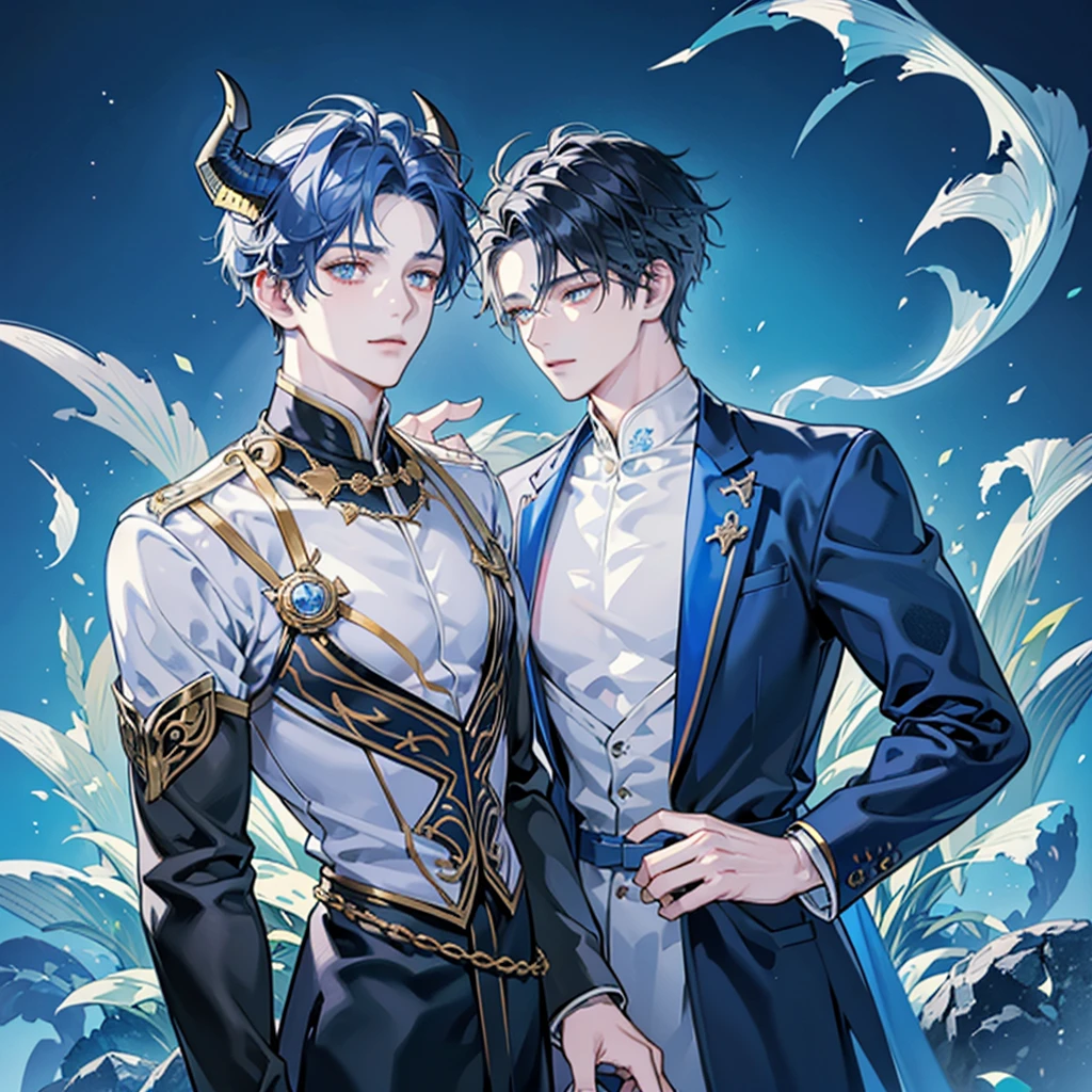 Masculine man, 1man, deep blue hair, draconic blue water scales on skin, pale skin, golden hunter eyes, navy blue horns curved backwards, serene expression, traditional clothes