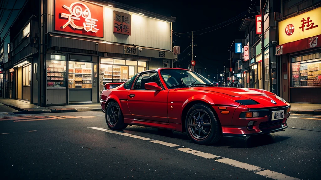 (Japanese convenience store), solo, ((1 girl)), ((crouching)), (crouched), beside a 1990 Mazda MX5, (3/4 full body side profile), ((car)), JDM, BMW E30, Honda NSX, Toyota AE86, night time, starry, cyberpunk art style, sidewalk, vibrant, beautifully detailed, best quality, (highly detailed), wallpaper