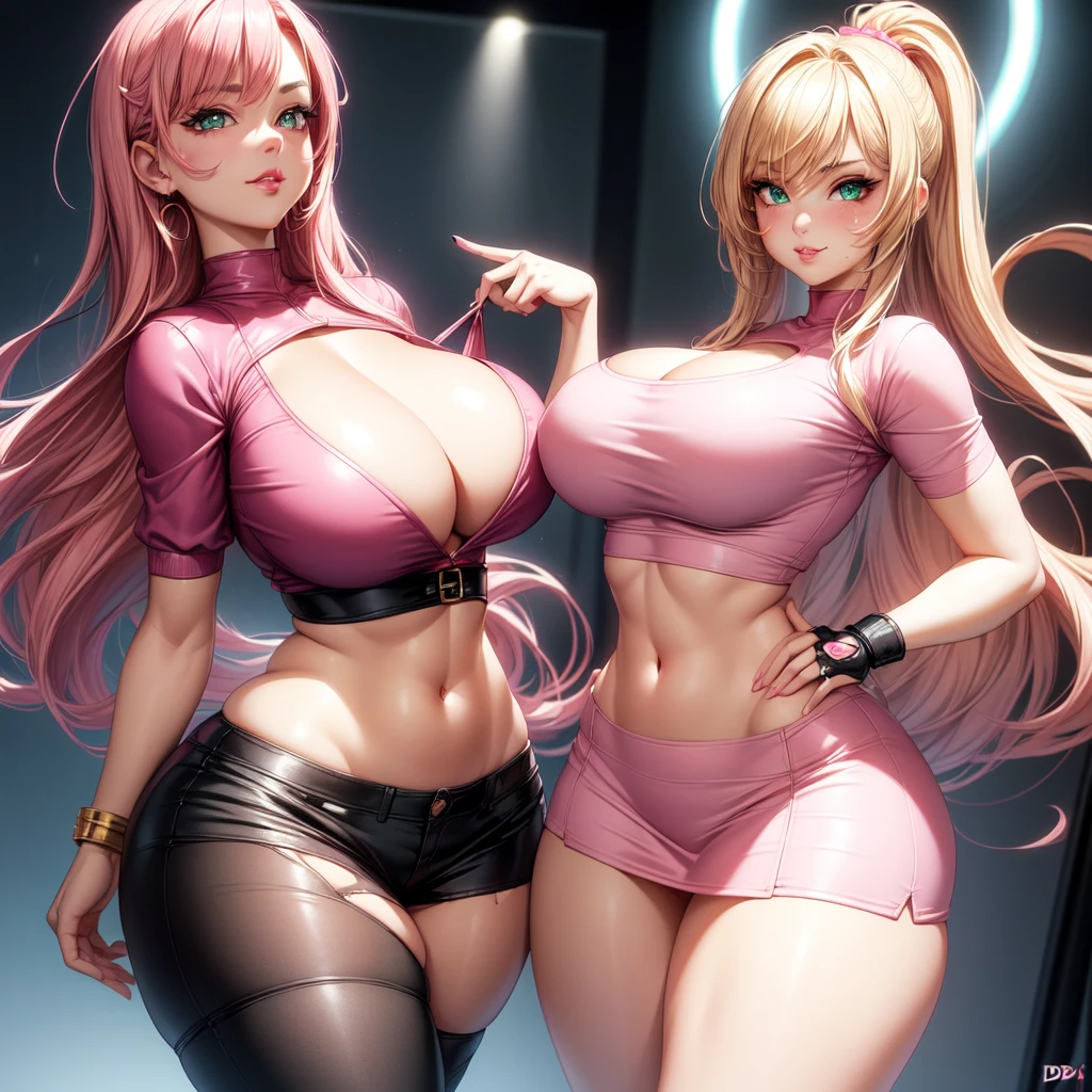 ((1 girls), solo, Big round breasts, trendy, stylish, clevage, thighs, hips, realistic, pink hair, blonde hair, light green eyes, lip gloss, detailed face, amazing big eyes, eye details, big lips, eyebrow details, pink mini skirt, crop top blush, confident, dominant, bdsm, smirk, naughty, mischevious face, HD, good quality, curvy, standing up, thick thighs, attractive, amazing body, perfect body, slim thick, indoors, bedroom, pink outfit