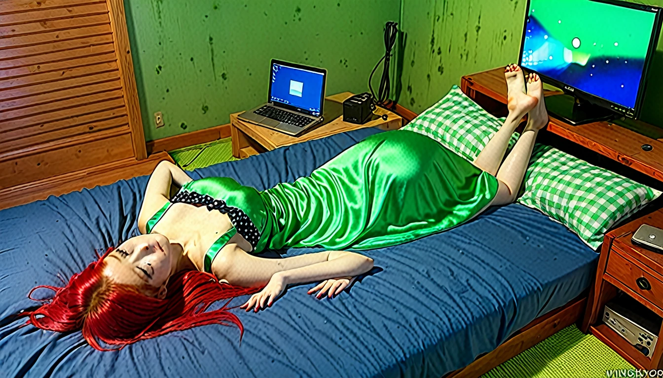 Uhd, photo of Cami, subject: Noriko, 1/2 Japanese 1/2 Hainu skinny girl with long red hair lying in a bed using the portable computer on the bed, viewed from behind, blue+++ eye, LGBTQIA+, queer, punk style, wearing green long nightgown. Background: wooden bedroom.
