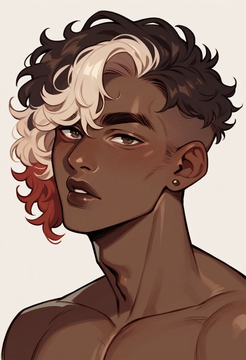 Young man of twenty-three years, with exquisite and curly almond-colored hair, Dark skin, and small chocolate lips 
