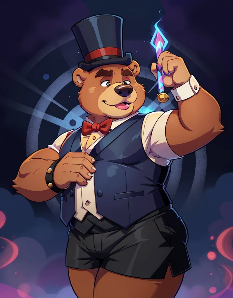 A red chubby male anthropomorphic bear wearing,a vest, short shorts, suspenders, top hat, bowtie and cuffs, holding a magical wand