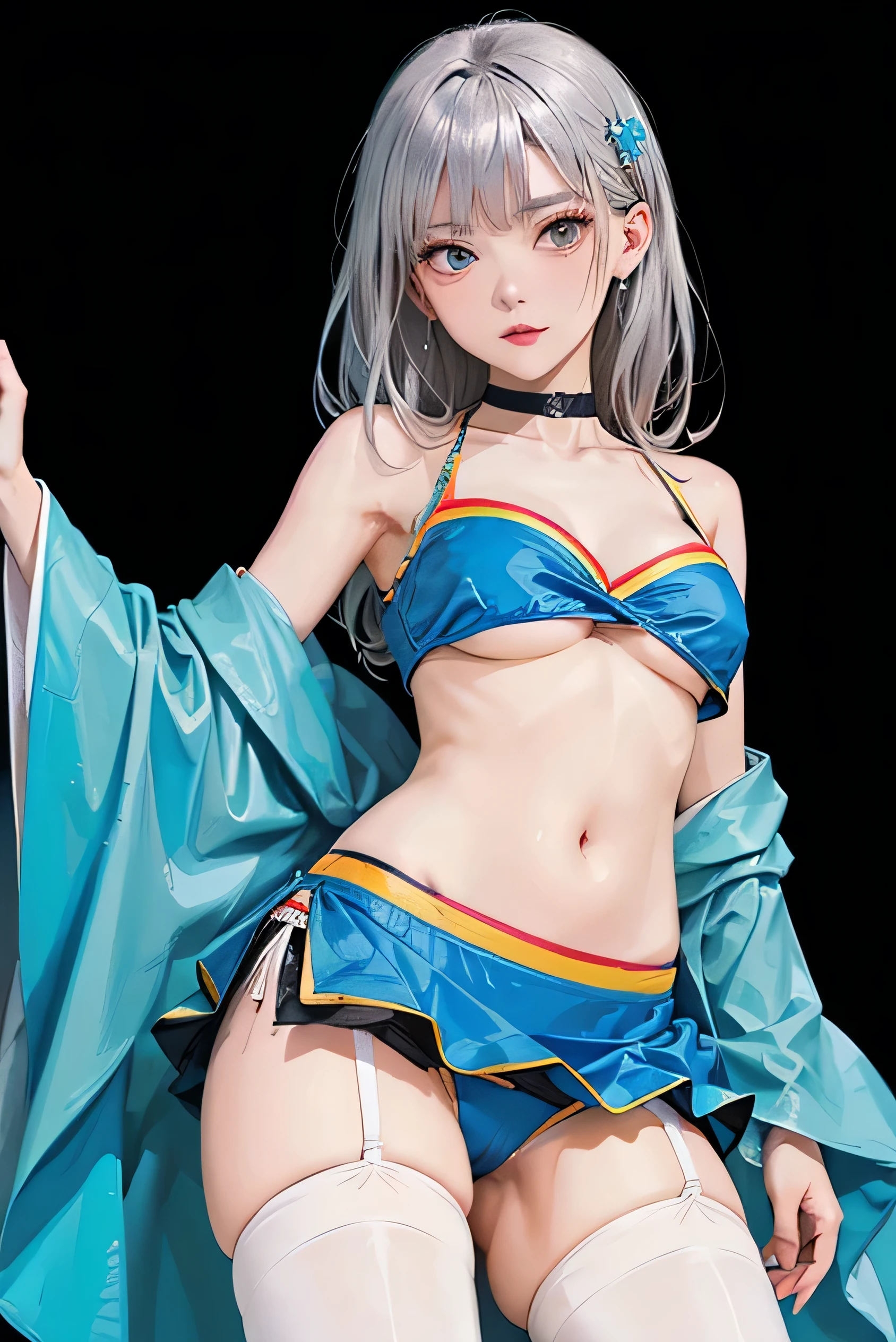 (Super detailed、Ultra-high resolution、Detailed Background)、((Flat Color))、((colorful))、((浮かぶcolorfulな水))、One female secretary in the office、body paint、Pop tattoo on belly、Big Breasts、Sexy Random Pose、Angle view from below、
(Medium Hair、Silver Hair、hair ornaments)、Beautiful blue eyes、Beautiful red lip、(blouse、Black Micro Mini Skirt、choker、Knee-high stockings、garter belt）、Sexy uniform showing the underside of the chest）、(((Underboob)))、TWICE&#39;s Tzuyu&#39; on pause、（fun、smile、A rich expression）、
I can see her panties、Tiny Panties、cameltoe