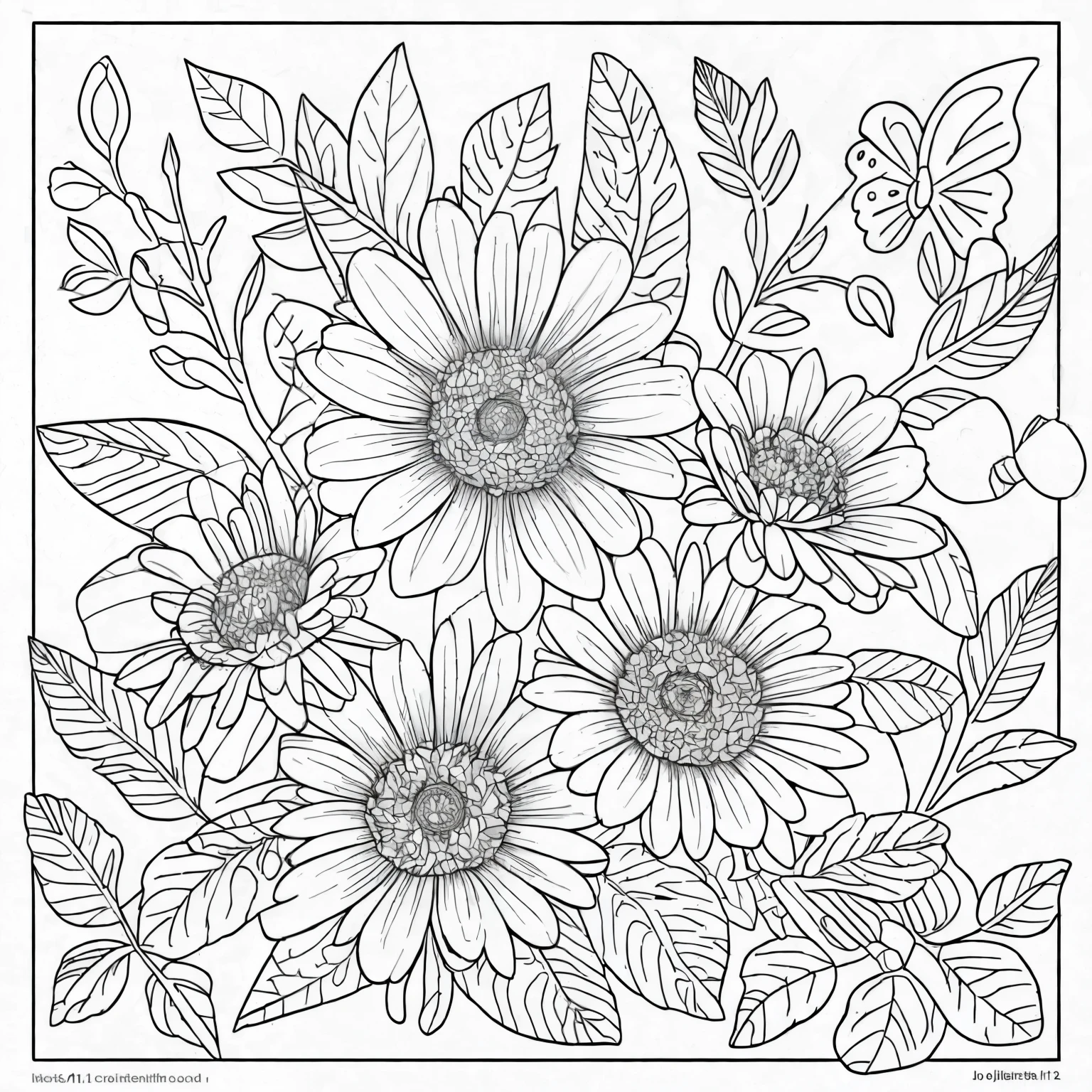 "Create a delightful 2D line art illustration for a kids' coloring book featuring a charming flower. The design should be simple and engaging, with clear outlines and large areas for coloring. Include a friendly face on the flower and playful elements like leaves and a butterfly nearby to add an element of fun and imagination. line art, 2d, ar 1:1, single flower with outline, no fill