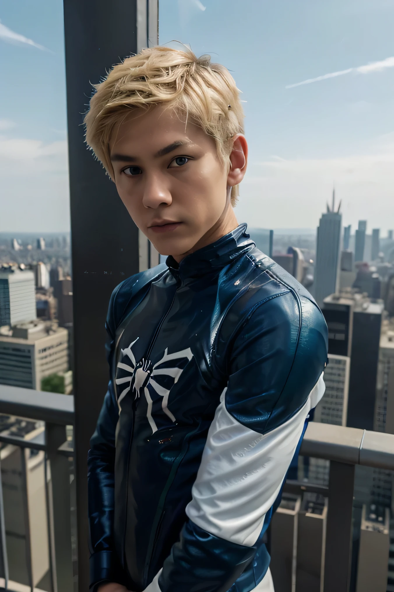 thin boy,with a face of harmonious features,green eyed,round and asian,short mullet cut,blonde hair with dark blue painted ends,with a white spiderman suit with the dark blue spider and with a wide leather jacket,on top of a very tall building with the city in the background