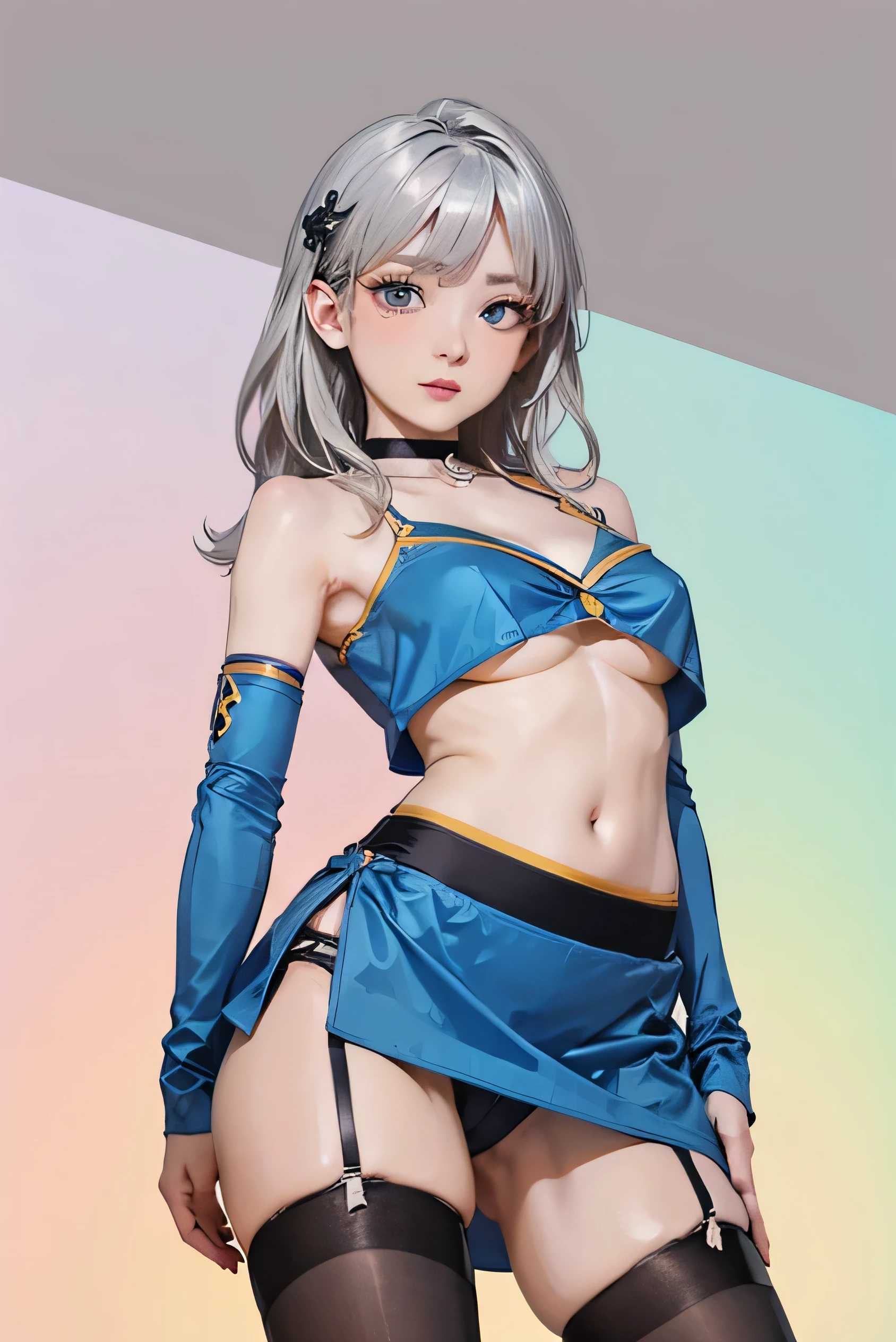 (Super detailed、Ultra-high resolution、Detailed Background)、((Flat Color))、((colorful))、((浮かぶcolorfulな水))、One female secretary in the office、body paint、Pop tattoo on belly、Big Breasts、Sexy Random Pose、Angle view from below、
(Medium Hair、Silver Hair、hair ornaments)、Beautiful blue eyes、Beautiful red lip、(blouse、Black Micro Mini Skirt、choker、Knee-high stockings、garter belt）、Sexy uniform showing the underside of the chest）、(((Underboob)))、TWICE&#39;s Tzuyu&#39; on pause、（fun、smile、A rich expression）、
I can see her panties、Tiny Panties、cameltoe