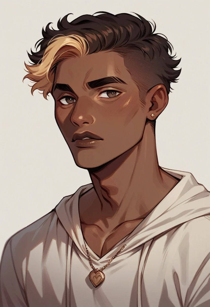 Young man of twenty-three years, with exquisite and curly almond-colored hair, Dark skin, and small chocolate lips 
