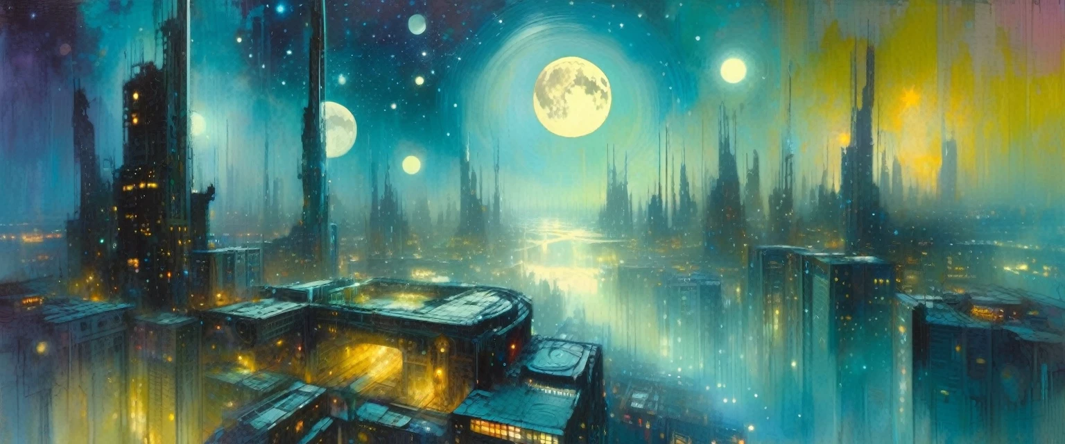 the abandoned future big city, many details,magic, surrealism, fantastic, night sky, medium moon, stars, background, (art inspired by Bill Sienkiewicz). oil painting)