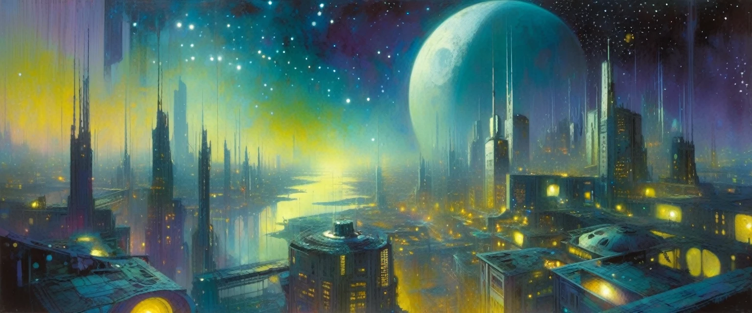 the abandoned future big city, many details,magic, surrealism, fantastic, night sky, medium moon, stars, background, (art inspired by Bill Sienkiewicz). oil painting)