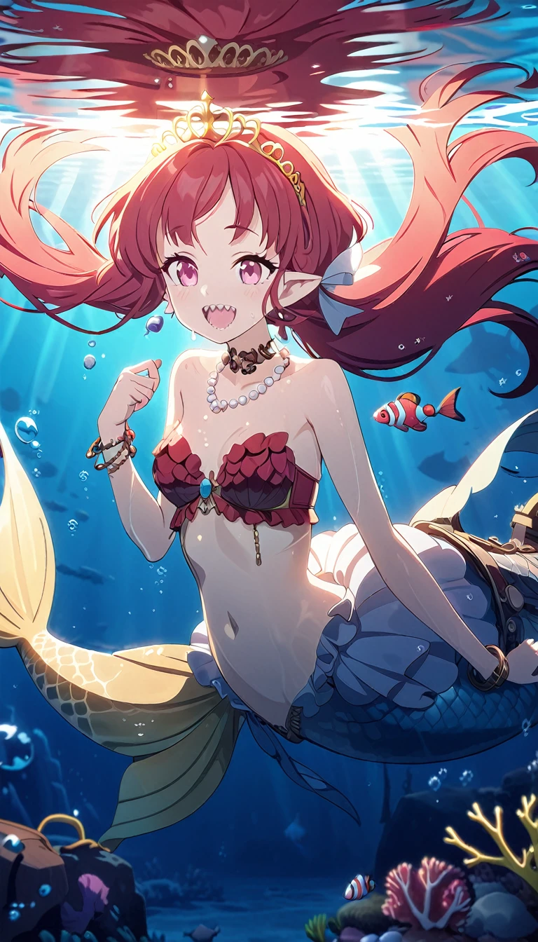 (best quality,4k,8k,highres,masterpiece:1.2),ultra-detailed, Pretty 15 years old princess magically transformed into a beautiful mermaid, drawn in anime style,race swap, fantastic transformation, none human, steampunk, fish like, wet body, surrounded by small bubbles, long and detailed mermaid tail with shimmering red fish scales, fins ears, red shimmering scales on neck, very long pigtails red hair, sharp teeth, is smiling, pink eyes, small breast, long pelvic and dorsal fins, pair of fish gills on her torso and her neck, red seashells bra, starfish hair clips, pearl earrings and bracelets, pearl necklace, hair ribbons, gold tiara, ocean depths, swimming underwater, joyful expression, playful mermaid poses, sparkling water, water reflections, ethereal atmosphere, subtle glow, whimsical and enchanting, checking her new body, underwater world, colorful coral reef, magical underwater lighting, vivid colors, breathing underwater, endless ocean depths, sunlight filtering through the water, Highly detailed, masterpiece, high quality, 4K.