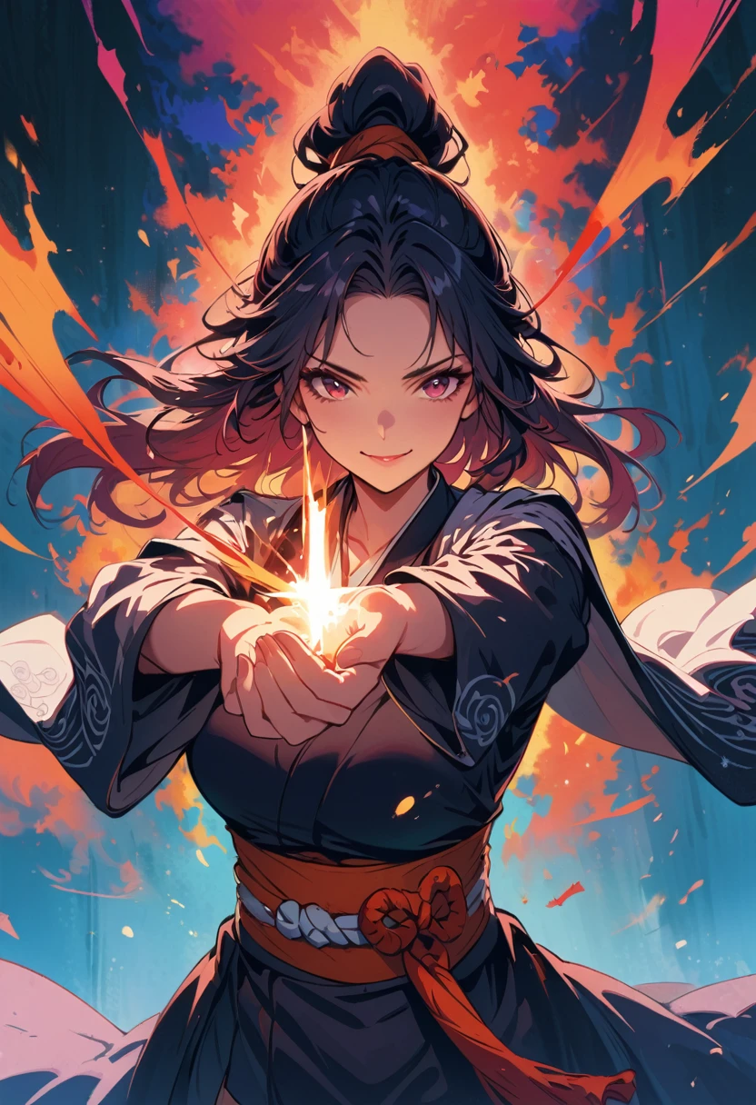 female ronin,Schwert in beiden Händen, aura is coming around her hand, smiling, 4k, high res, masterpiece, detailed face, illustration