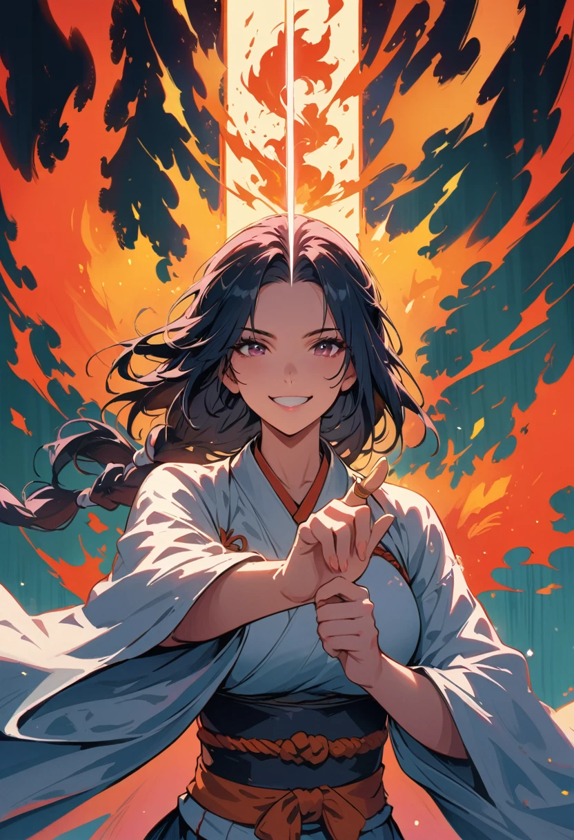 female ronin,Schwert in beiden Händen, aura is coming around her hand, smiling, 4k, high res, masterpiece, detailed face, illustration