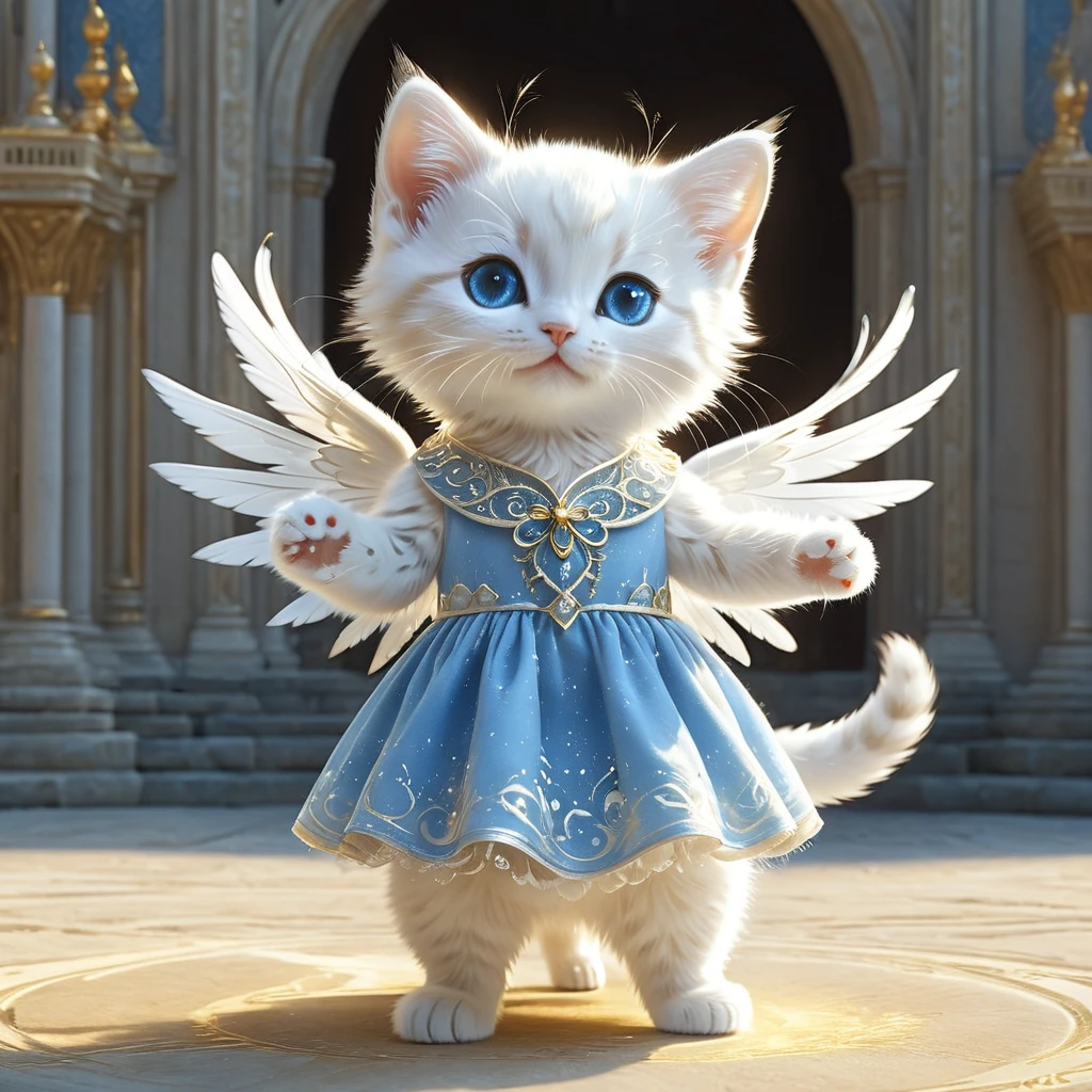 C4tt4stic, Anthropomorphic cute animal character, dressed and bipedal, with human-like posture. The cute animal has human-like limbs and a three-headed body. The cute animal is a white furry kitten with blue eyes, wearing a beautiful pure white dress, there are countless light particles around, each particle shines brightly and intensely. The cute animal has the form of an angel and spreads its wings, the background is an image of a palace in the sky with warm golden light, mysterious space, fantasy art, exquisite details, Jean-Baptiste Monge style, Alan Lee style, anthropomorphic blue-eyed white furry kitten, movie scene, dramatic shot angle, atmospheric particles, real, raw movie photorealism, action portrait, 8k, detailed, full frame