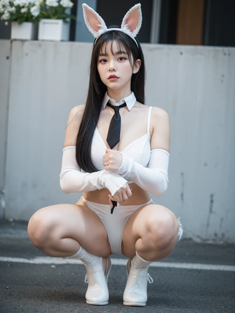 fake animal ears,white leotard,rabbit tail,black necktie,wrist cuffs,white footwear,fishnets,squatting,from below,legs together,focus underwear,