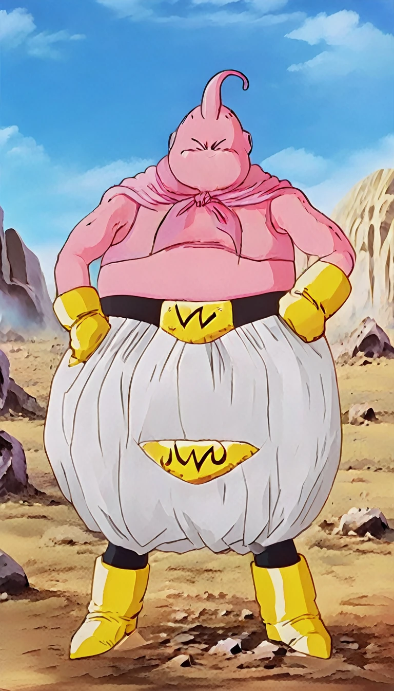 solo, majin buu,short, (musclar:2.5),(angry:2),fighting_stance,in wasteland,destroyed rock,(soft shading), 4k, hi res, ((detailed face, (detailed eyes:1.0), detailed)), (full body), looking at viewer, 1boy, upper body, male focus,white_pants,nude,(topless:1.5),( shirtless:2.5),torn clothes,bare pectorals, fighting stance,