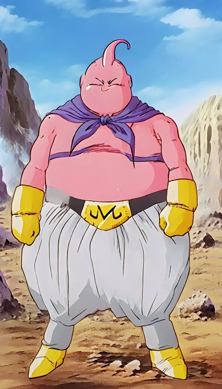 solo, majin buu,short, (musclar:2.5),(angry:2),fighting_stance,in wasteland,destroyed rock,(soft shading), 4k, hi res, ((detailed face, (detailed eyes:1.0), detailed)), (full body), looking at viewer, 1boy, upper body, male focus,white_pants,nude,(topless:1.5),( shirtless:2.5),torn clothes,bare pectorals, fighting stance,