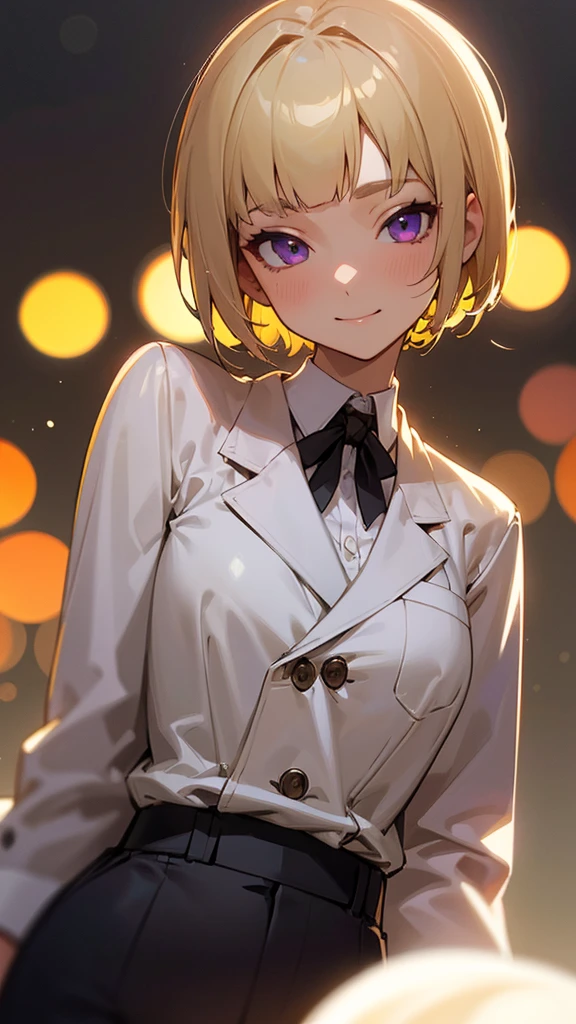 1 Girl、8K、Sharp focus、(Bokeh) (Highest quality) (Detailed skin:1.3) (Intricate details) (anime)、(blonde)、short hair、Bobcut、Blunt bangs、Beautiful purple eyes、Slender body、Upper body close-up、White shirt、Black work trousers、Black Fitted Blazer、Calm face、Mouth closed、Cheeky Smile、Squint your eyes、Park in the background、sunset、Soft lighting.