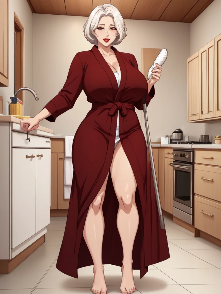 1 girl, bathrobe, woman in the kitchen, cleaning, full body (mature woman: 1.5), seductive smile, ara ara
masterpiece, best quality, intricate details, anime screenshot, flat color, mature woman, brown eyes, white hair, red lips, very large breasts, swollen lips, short hair