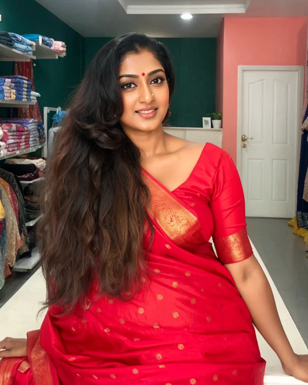 Wearing a sexy satin saree, looka sexy Indian housewife, Looks like Indian Actress Nayanthara, actress Nayanthara, mallu, mallu aunty, desi aunty, full figured mature beauty, sweaty skin , shining skin, sweat, attractive figure, desi milf, desi aunty, a close up of a woman in a saree in a bedroom, sleek!!!, indian super model, wavy hair combed to one side, actress, smoldering, intense smoldering, fashion, an angel, print ready, with a dramatic looking, seductive look, sexy Saree queen, sexy Saree fashion, seductive Saree, wear saree, sizzling hot Beauty, bigger breast , a man hugging in sexy way