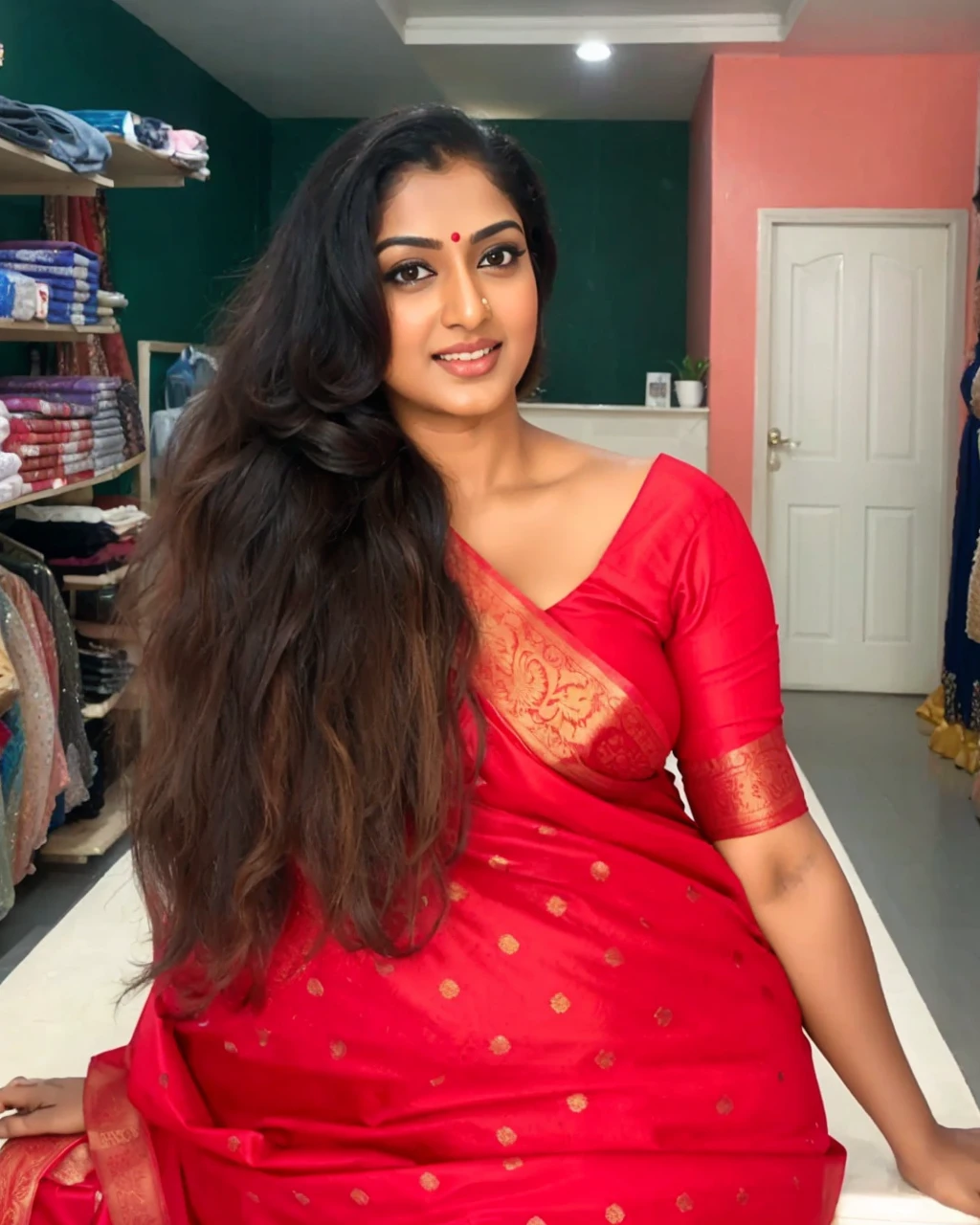 Wearing a sexy satin saree, looka sexy Indian housewife, Looks like Indian Actress Nayanthara, actress Nayanthara, mallu, mallu aunty, desi aunty, full figured mature beauty, sweaty skin , shining skin, sweat, attractive figure, desi milf, desi aunty, a close up of a woman in a saree in a bedroom, sleek!!!, indian super model, wavy hair combed to one side, actress, smoldering, intense smoldering, fashion, an angel, print ready, with a dramatic looking, seductive look, sexy Saree queen, sexy Saree fashion, seductive Saree, wear saree, sizzling hot Beauty, bigger breast , a man hugging in sexy way