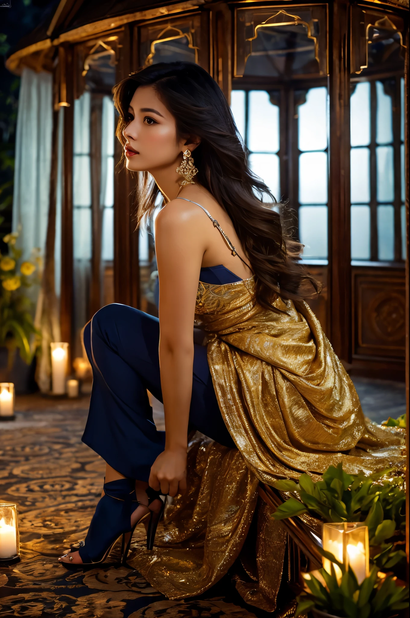 Full body high fashion, wavy long hair, floating hair by the wind, extreme artistic, intricate poses, Incredible photorealistic high resolution camera pics in the style of gardenia of a luxury scenic at gazebo full of flowers in rooftop with Jakarta city scape view in the night and beautiful exterior decoration, realistic eyes, facial profile view, Head to toe, Full body, used high heels, used earrings, relaxed, at night Cinematic, ethereal, a young Asian who looks like
An idol, strong but elegant, sophisticated modeling beautiful blue clothes in the style of wealthy appearance, glamour lights, backlight, soft light, dim light, hair light, epic lighting, natural colors, glamourous atmosphere, romantic vibes