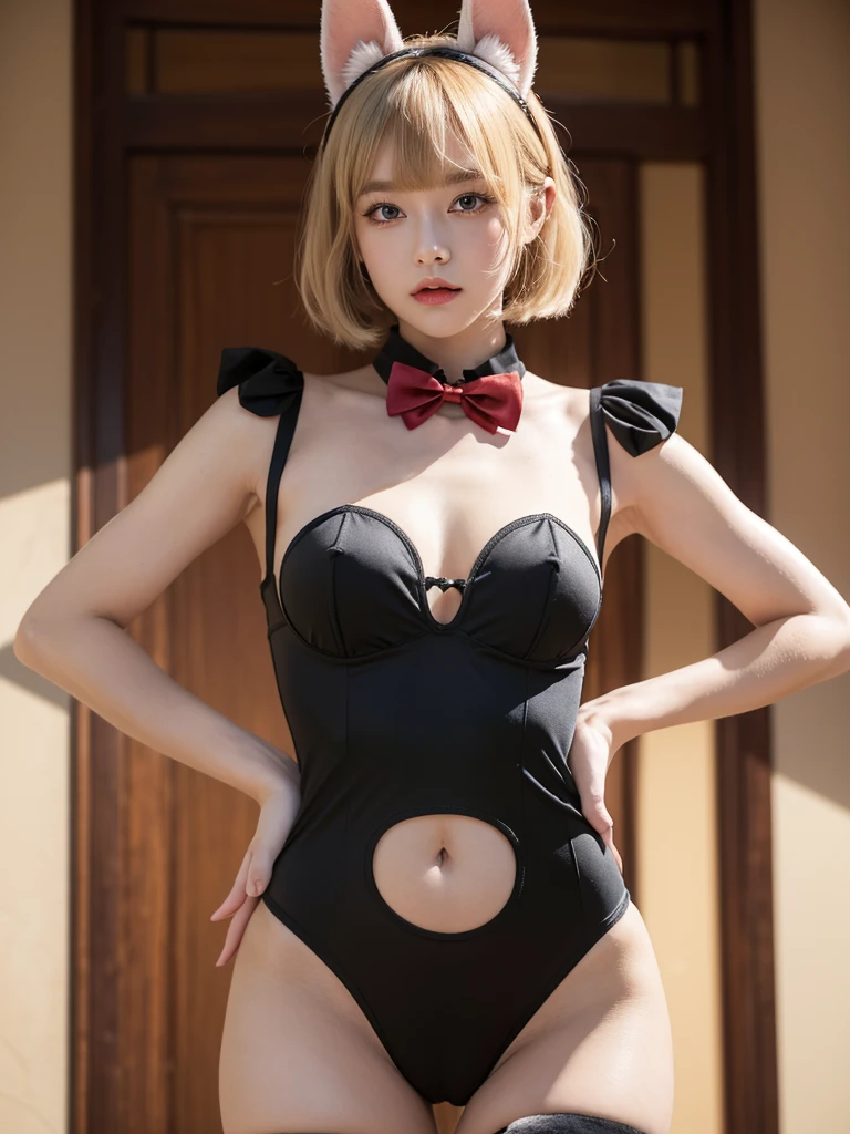 masterpiece, best quality, very aesthetic, absurdres, (resent), 1girl, solo, short hair, breasts, looking at viewer, blush, bangs, large breasts, blonde hair, red eyes, gloves, bow, navel, animal ears, black gloves, blunt bangs, bowtie, rabbit ears, covered nipples, hand on hip, wrist cuffs, fake animal ears, ass visible through thighs, wavy hair, from below, revealing clothes, areola slip, meme attire, pasties, heart pasties, reverse outfit, reverse bunnysuit,(Chisato),fine anime screencap