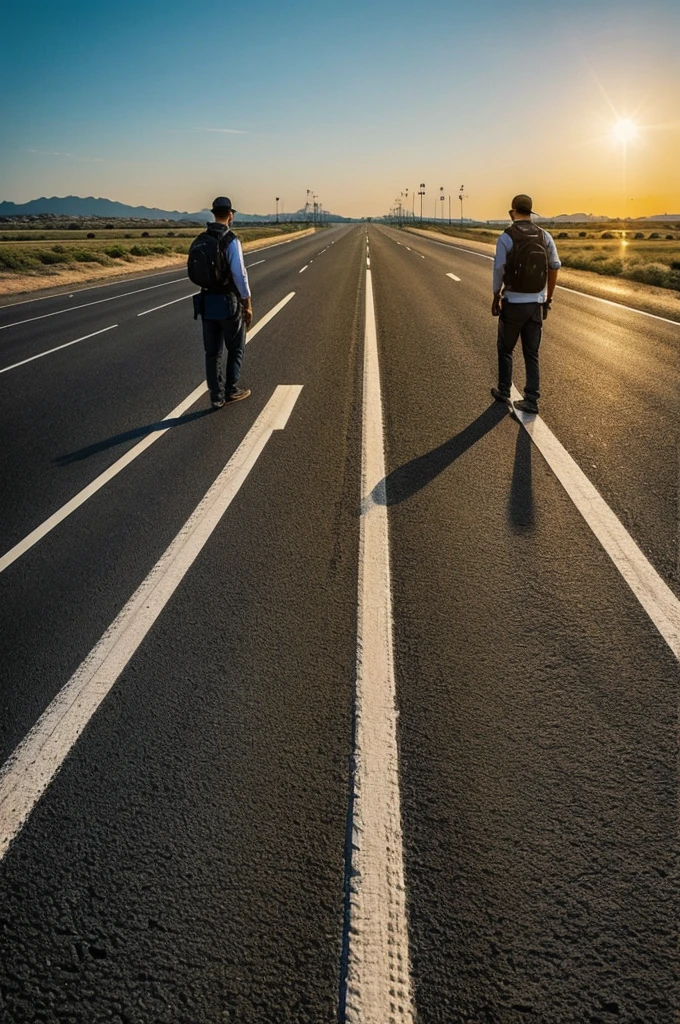 Two friends are going two separate roads, one road is going to an airport other road is going to a jail. Third one is watching them. The roads are separated from one road."On the image there should only be three person."