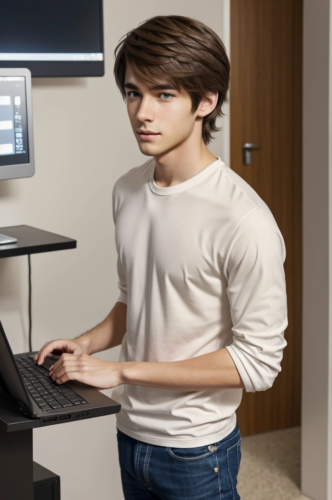 a white intelligent, attractive male anime character. you can see his whole body as he is standing upright with nothing in front of his he is standing while holding a laptop in his hand. He has light brown straight hair, brown eyes, and freckles. He is a computer programmer and his features are exaggerated. he is standing on both feet.