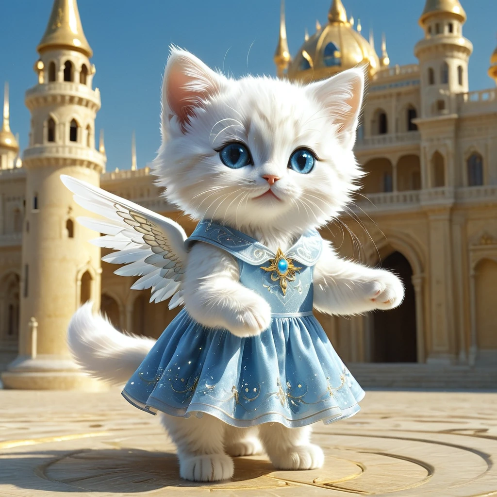 C4tt4stic, Anthropomorphic cute animal character, dressed and bipedal, with human-like posture. The cute animal has human-like limbs and a three-headed body. The cute animal is a white furry kitten with blue eyes, wearing a beautiful pure white dress, there are countless light particles around, each particle shines brightly and intensely. The cute animal has the form of an angel and spreads its wings, the background is an image of a palace in the sky with warm golden light, mysterious space, fantasy art, exquisite details, Jean-Baptiste Monge style, Alan Lee style, anthropomorphic blue-eyed white furry kitten, movie scene, dramatic shot angle, atmospheric particles, real, raw movie photorealism, action portrait, 8k, detailed, full frame