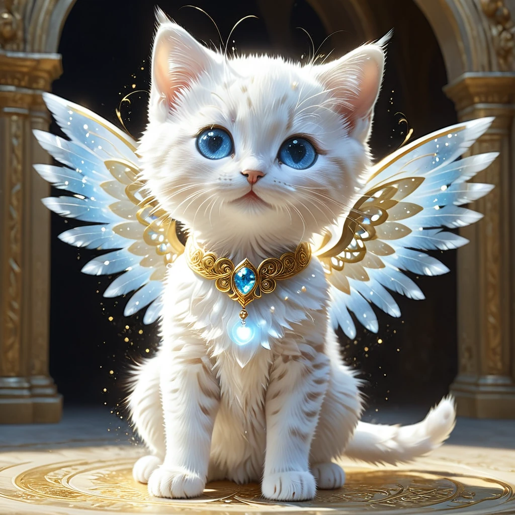 C4tt4stic, Anthropomorphic cute animal character, dressed and bipedal, with human-like posture. The cute animal has human-like limbs and a three-headed body. The cute animal is a white furry kitten with blue eyes, wearing a beautiful pure white dress, there are countless light particles around, each particle shines brightly and intensely. The cute animal has the form of an angel and spreads its wings, the background is an image of a palace in the sky with warm golden light, mysterious space, fantasy art, exquisite details, Jean-Baptiste Monge style, Alan Lee style, anthropomorphic blue-eyed white furry kitten, movie scene, dramatic shot angle, atmospheric particles, real, raw movie photorealism, action portrait, 8k, detailed, full frame