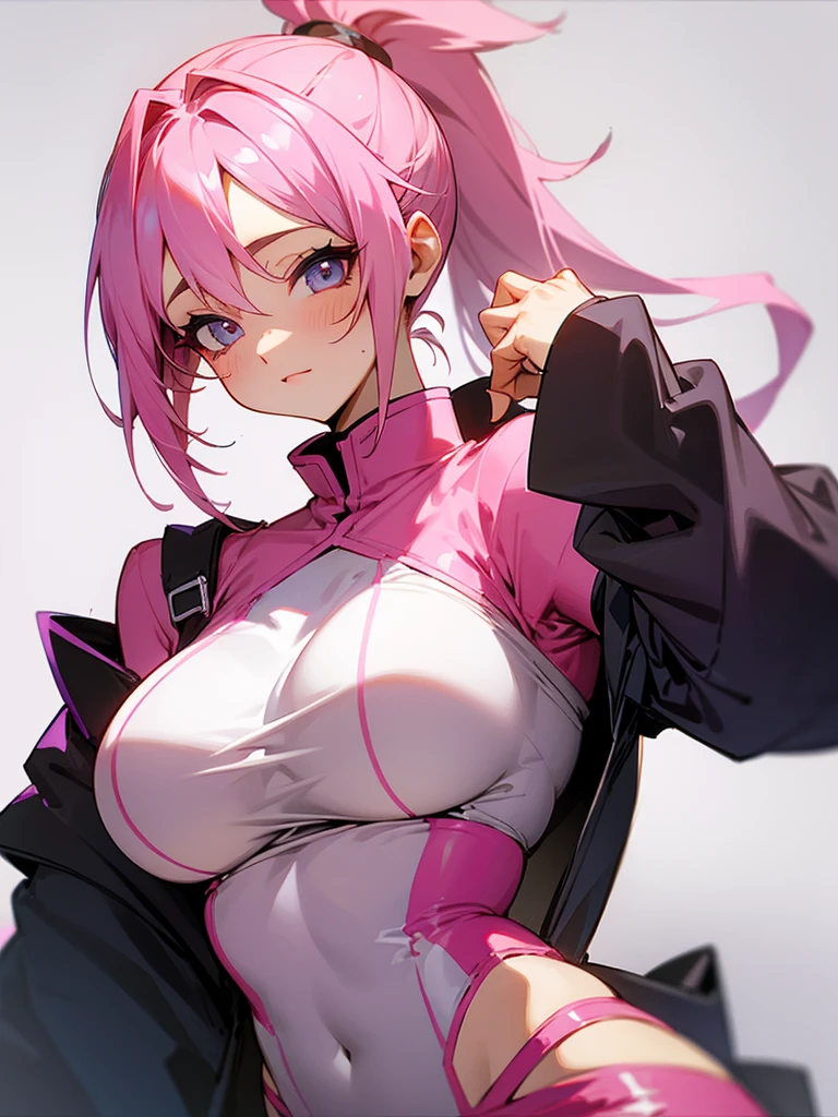 Pink hair in a ponytail。Big breasts。
She's wearing a neat and clean idol-like outfit.。