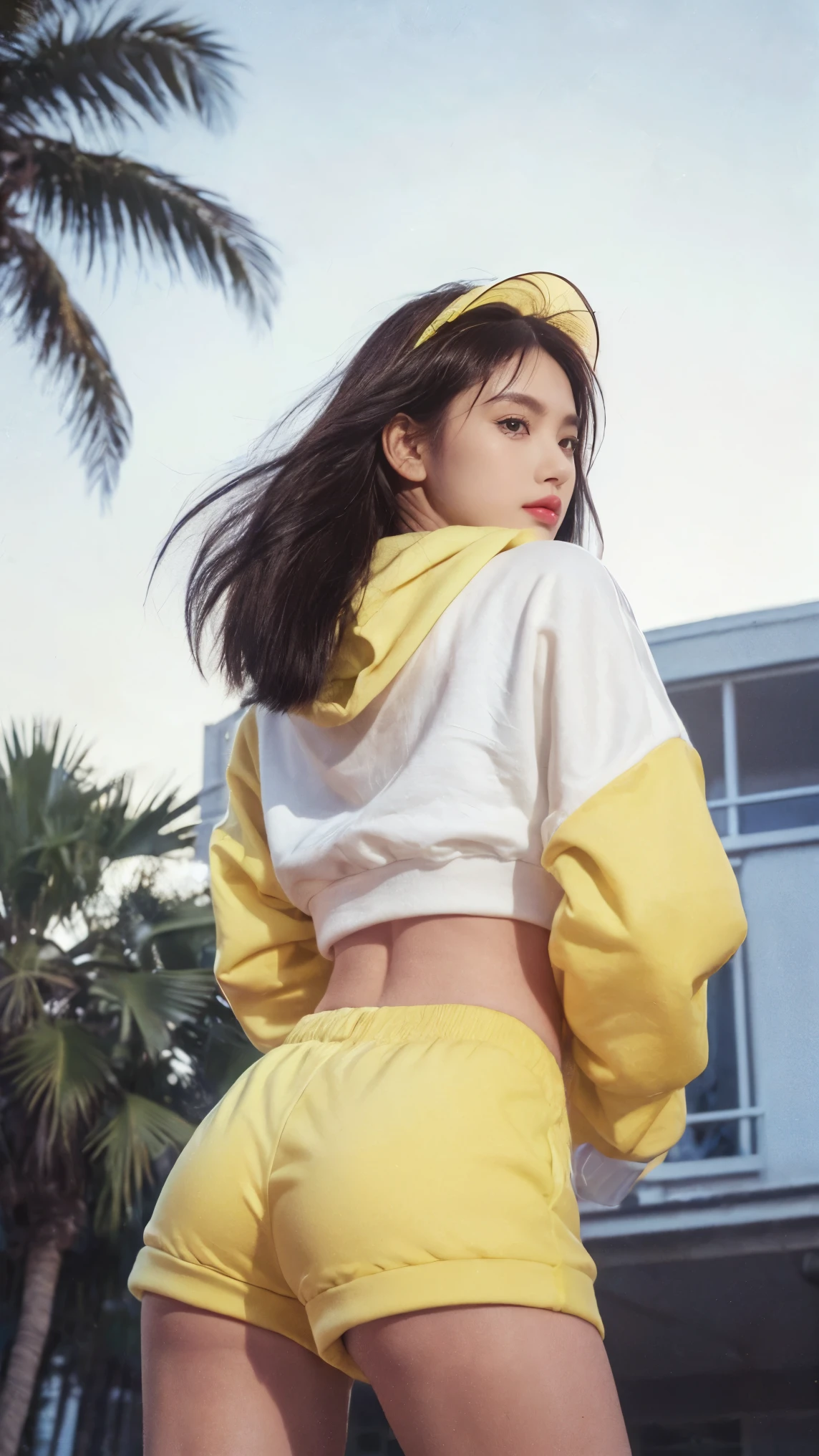 Best Quality, Masterpiece,Ultra High Resolution, (Realisticity:1.4),Original Photo, 1 Girl, light leak,dark intens shadow,wear (yellow bomber hoodie), wear (white short pants),black long hairstyles background (80's mondrian architecture colourful motel),palm trees, sunny,summer, los Angles vibes,(from below:1.2), (realistic:1.1), (surreal:1.2), (very detailed:1.1)