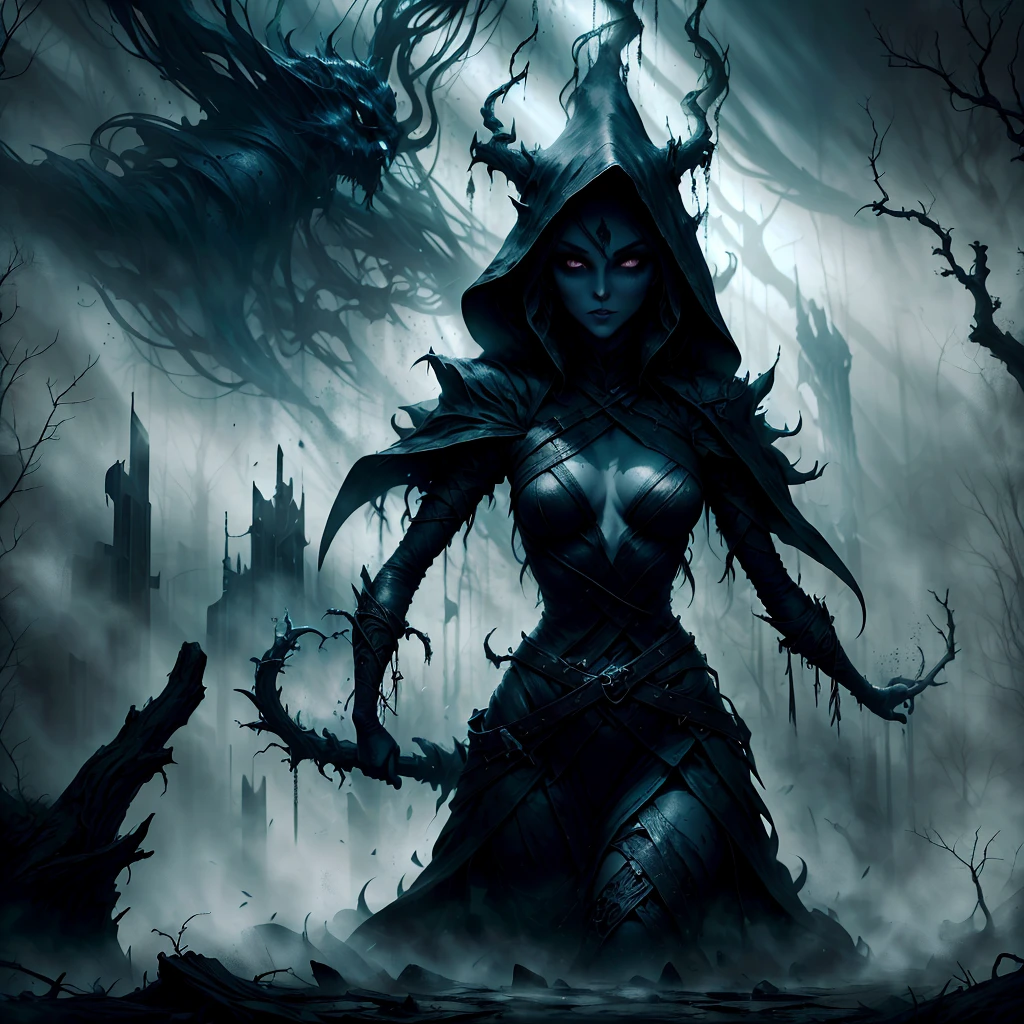 a hauntingly beautiful yet terrifying scene of a witch in the depths of her dark forest domain. She stands tall and imposing, cloaked in shadows, her eyes glowing with an otherworldly light. Despite her eerie allure, there's an undeniable sense of danger emanating from her as she raises her gnarled staff, ready to cast a spell that will ensnare anyone who dares to cross her path. The atmosphere should be thick with suspense and foreboding, with the viewer feeling both captivated and unnerved by her presence