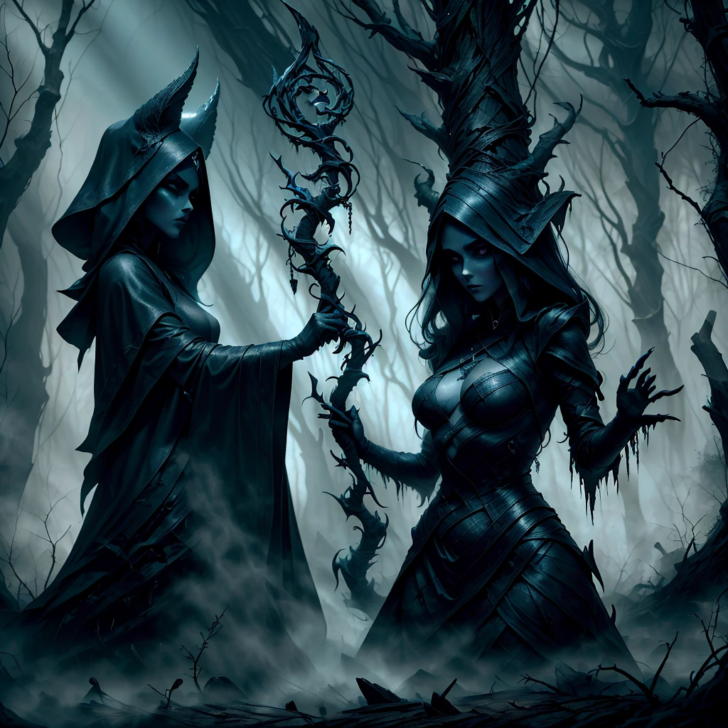 a hauntingly beautiful yet terrifying scene of a witch in the depths of her dark forest domain. She stands tall and imposing, cloaked in shadows, her eyes glowing with an otherworldly light. Despite her eerie allure, there's an undeniable sense of danger emanating from her as she raises her gnarled staff, ready to cast a spell that will ensnare anyone who dares to cross her path. The atmosphere should be thick with suspense and foreboding, with the viewer feeling both captivated and unnerved by her presence