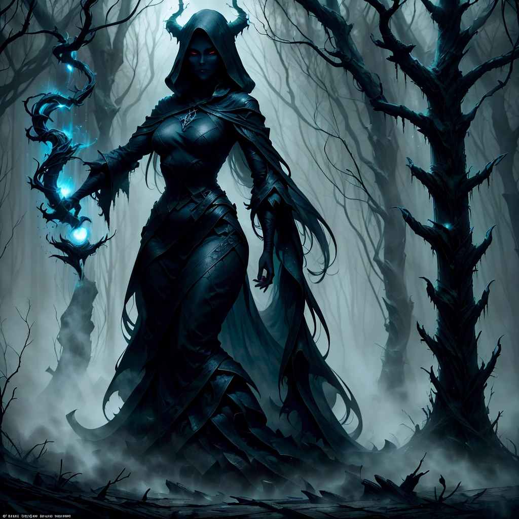 a hauntingly beautiful yet terrifying scene of a witch in the depths of her dark forest domain. She stands tall and imposing, cloaked in shadows, her eyes glowing with an otherworldly light. Despite her eerie allure, there's an undeniable sense of danger emanating from her as she raises her gnarled staff, ready to cast a spell that will ensnare anyone who dares to cross her path. The atmosphere should be thick with suspense and foreboding, with the viewer feeling both captivated and unnerved by her presence