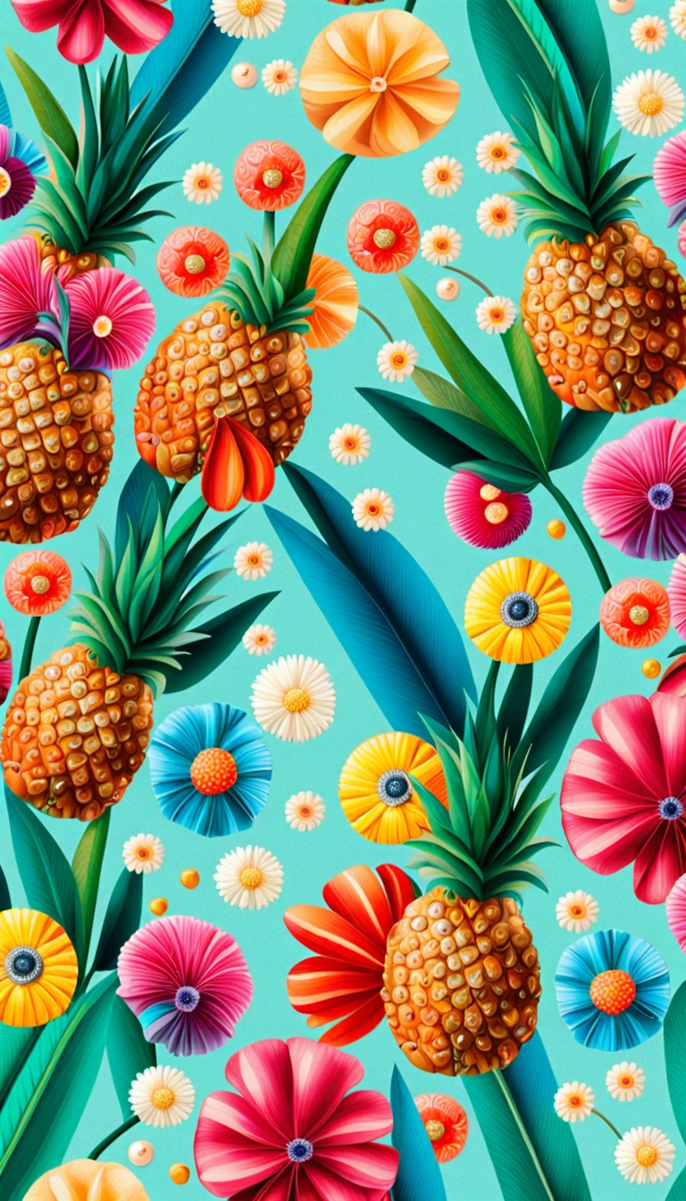 Seas of ((Colourful SUMMER VIBES FLOWER AND FRUIT)) MILLION SMALL ((PINEAPPLE, BLUE BUTTERFLY)) In the ((PINK LIGHT COLOR BACKGROUND:2.5)) — ocean breeze, sun-bleached driftwood, and a touch of salty sea air. ((WHITE FLOWER)) colourful BERRIES, ((YELLOW SMALL STARS)) FRUITs, ((COLORFUL FRUIT)), ((GREEN LEAFY FLORA)), (strawberry), BLUE rose, cherry || (embroidery) seamless pattern, fruit, FRUIT, diamond, pearls, Best quality, masterpiece, ultra high res, (photo realistic:1.4), surrealism, dream-like, ((abstract art)), vector arts, FRUIT, tulips, magnolia, lily rose ((FLOWER, DIAMOND, PEARLS)) a close up of a PINEAPPLE pattern, PINEAPPLE wallpaper, ornate PINEAPPLE, PINEAPPLE pattern, PINEAPPLE explosion, PINEAPPLE! intricate, PINEAPPLE PINEAPPLE, FRUITs colourful, chinoiserie pattern, VECTOR wallpaper, PINEAPPLE renewal, with colourful FRUIT and plants, PINEAPPLE dream, garden FRUITs pattern, PINEAPPLE patterned skin, PINEAPPLE design, PINEAPPLE motives, boho PINEAPPLE vines, (8k, RAW photo, best quality, masterpiece:1.2, Sharp image, vector)