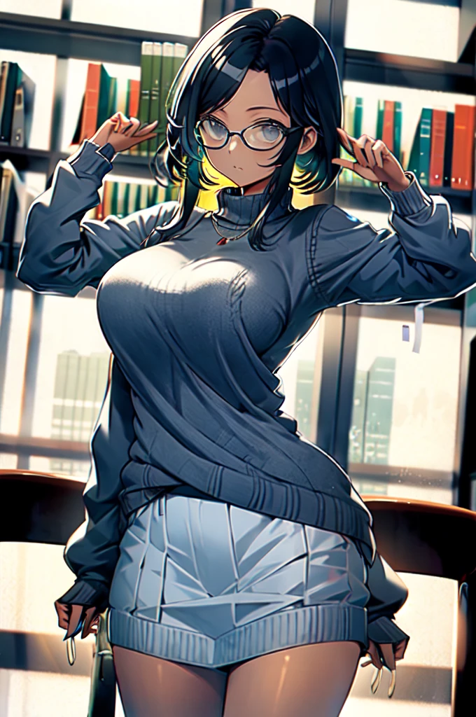 (masterpiece),(best quality), glasses, chakumomi, pov hand, breast grab, (embarrassed),sweater, in library,